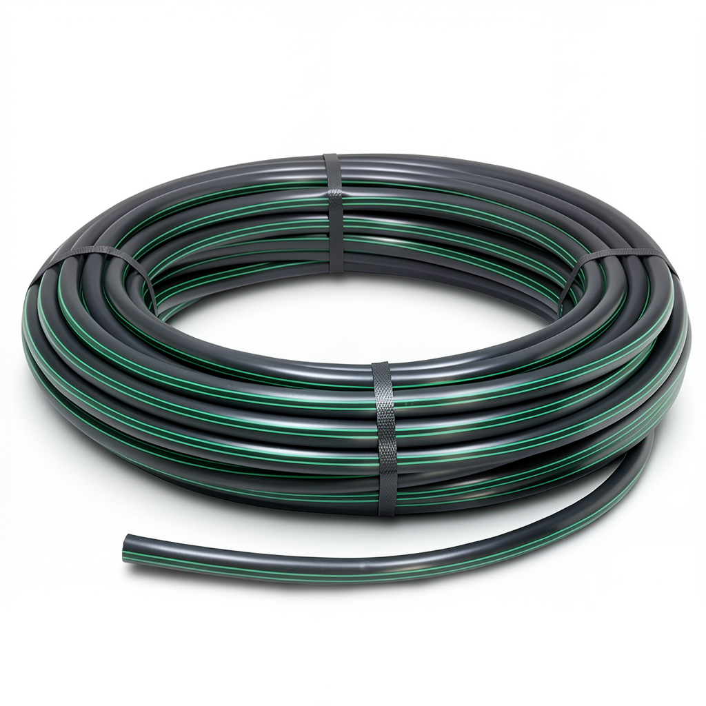 لفة أنابيب HDPE ضغط 4 بار PE 80 قطر خارجي 75 مم SDR 41 أسود مع خطوط خضراء