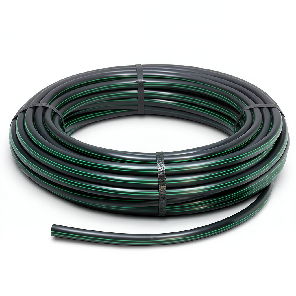 HDPE Plastic Coil Pipe Nominal Pressure 4 Bar PE 80 OD 90 mm SDR 41 Black with Green Stripes