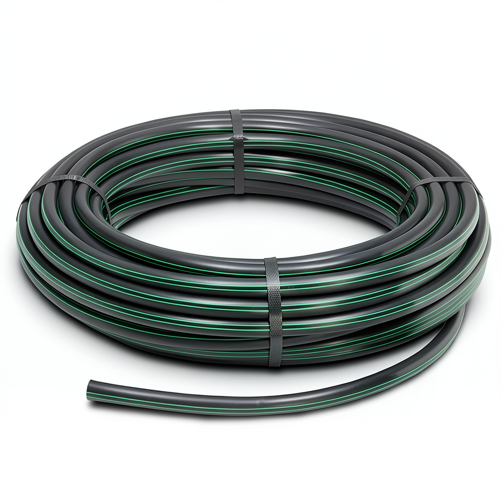 لفة أنابيب بلاستيك HDPE ضغط 4 بار PE 80 قطر خارجي 110 مم SDR 41 أسود مع خط أخضر