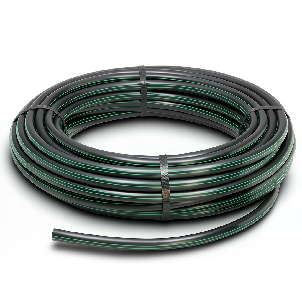 لفة أنابيب HDPE ضغط 4 بار PE 80 قطر خارجي 140 مم SDR 41 أسود مع خطوط خضراء