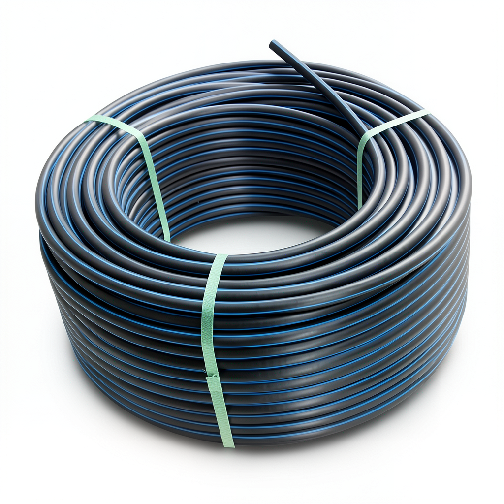 لفة أنابيب بلاستيك HDPE ضغط 10 بار PE 100 قطر خارجي 110 مم SDR 17 لون أسود مع خط أزرق