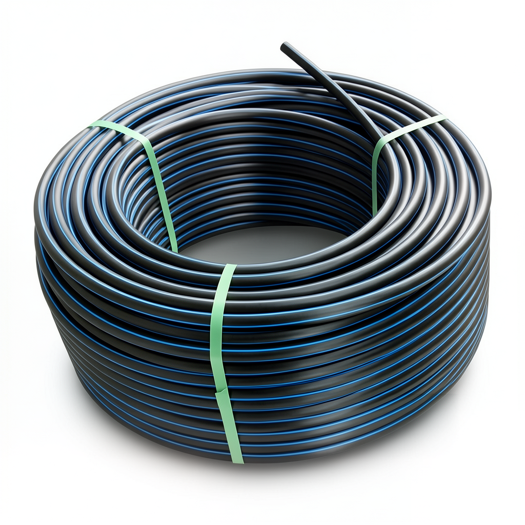لفة أنابيب HDPE ضغط 10 بار PE 100 قطر خارجي 125 مم SDR 17 لون أسود مع خط أزرق