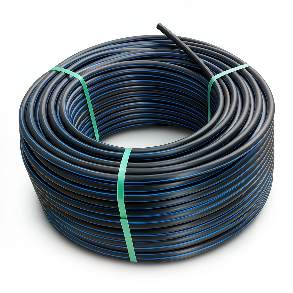 HDPE Polyethylene Coil Pipe PN 10 Bar PE 100, 140 mm OD, SDR 17, Black with Blue Stripes