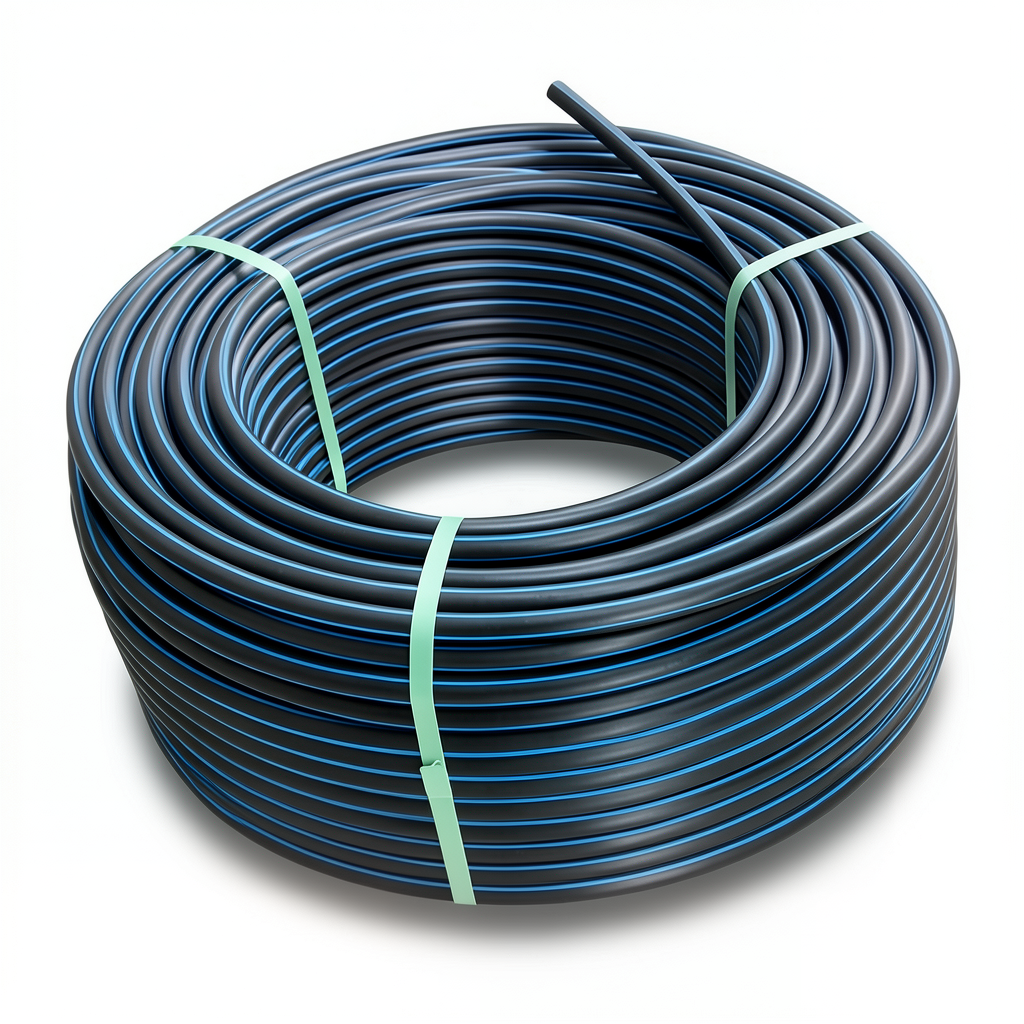لفة أنابيب بلاستيك HDPE ضغط 20 بار PE 100، قطر خارجي 110 مم SDR 9 أسود مع خطوط زرقاء