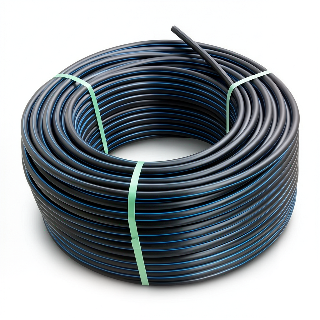 HDPE Plastic Coil Pipe PN 20 Bar PE 100 OD 125 mm SDR 9 Black with Blue Stripes