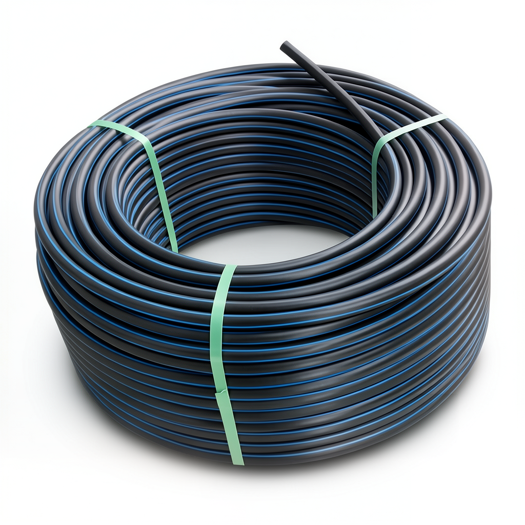 لفة أنابيب HDPE ضغط 20 بار PE 100 قطر خارجي 140 مم SDR 9 أسود مع خط أزرق