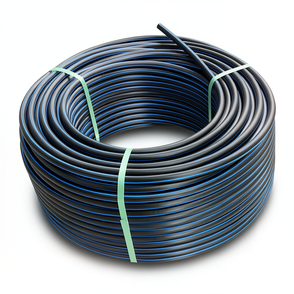 HDPE Plastic Coil Pipe Nominal Pressure 20 Bar PE 100, 160 mm SDR 9 Black with Blue Stripes