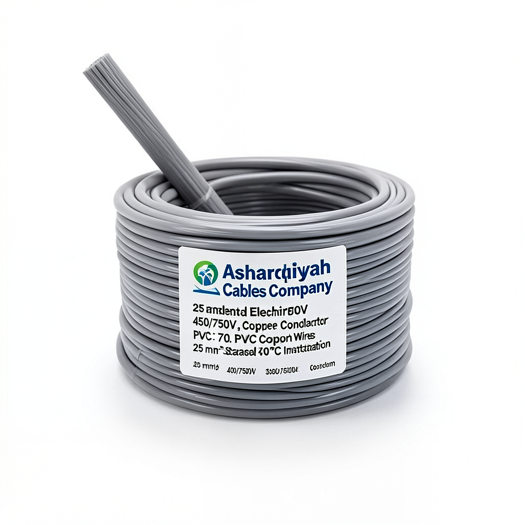 سلك كهرباء مجدول 25 مم² 450/750 فولت، موصل نحاس، عزل PVC 70°C، لون رمادي | شركة كابلات الشرقية للصناعة