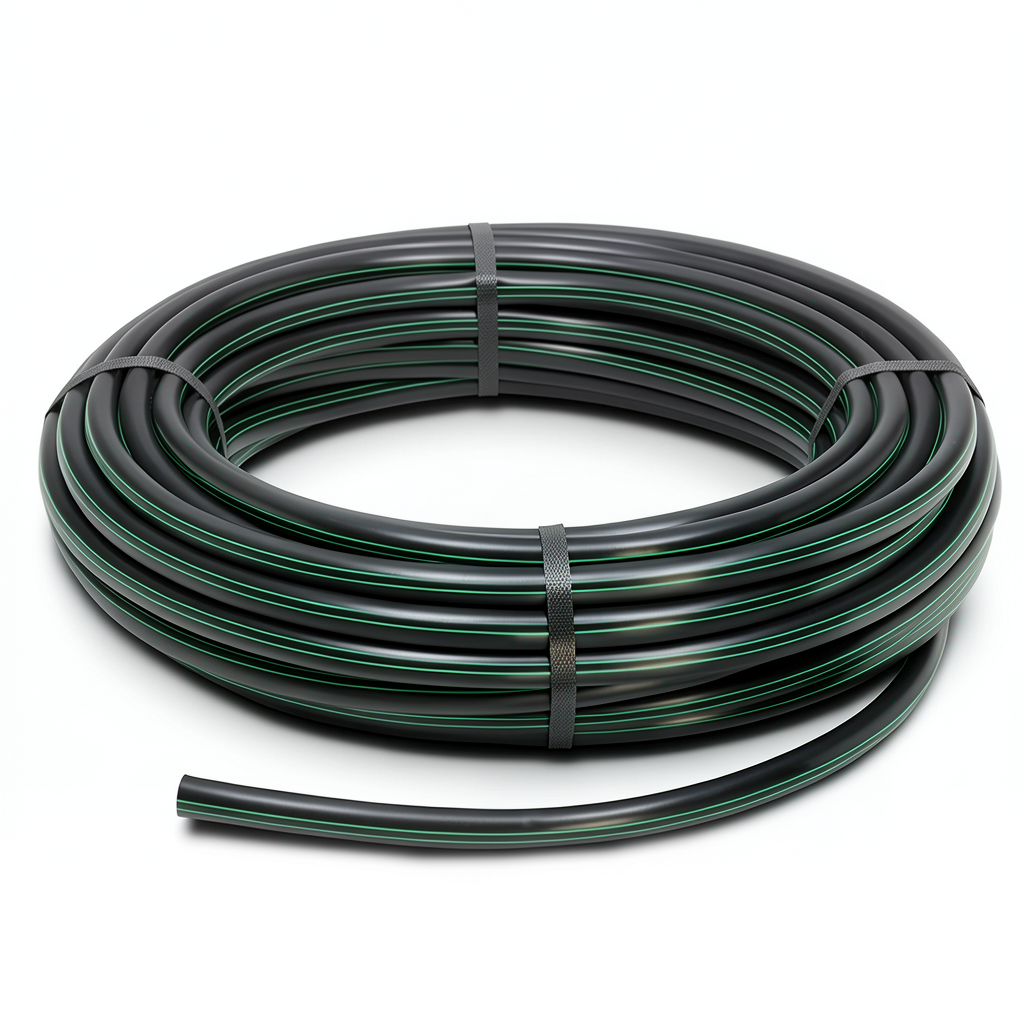 لفة أنابيب بلاستيك HDPE ضغط 4 بار PE 80 قطر خارجي 63 مم SDR 41 اسود مع خط اخضر