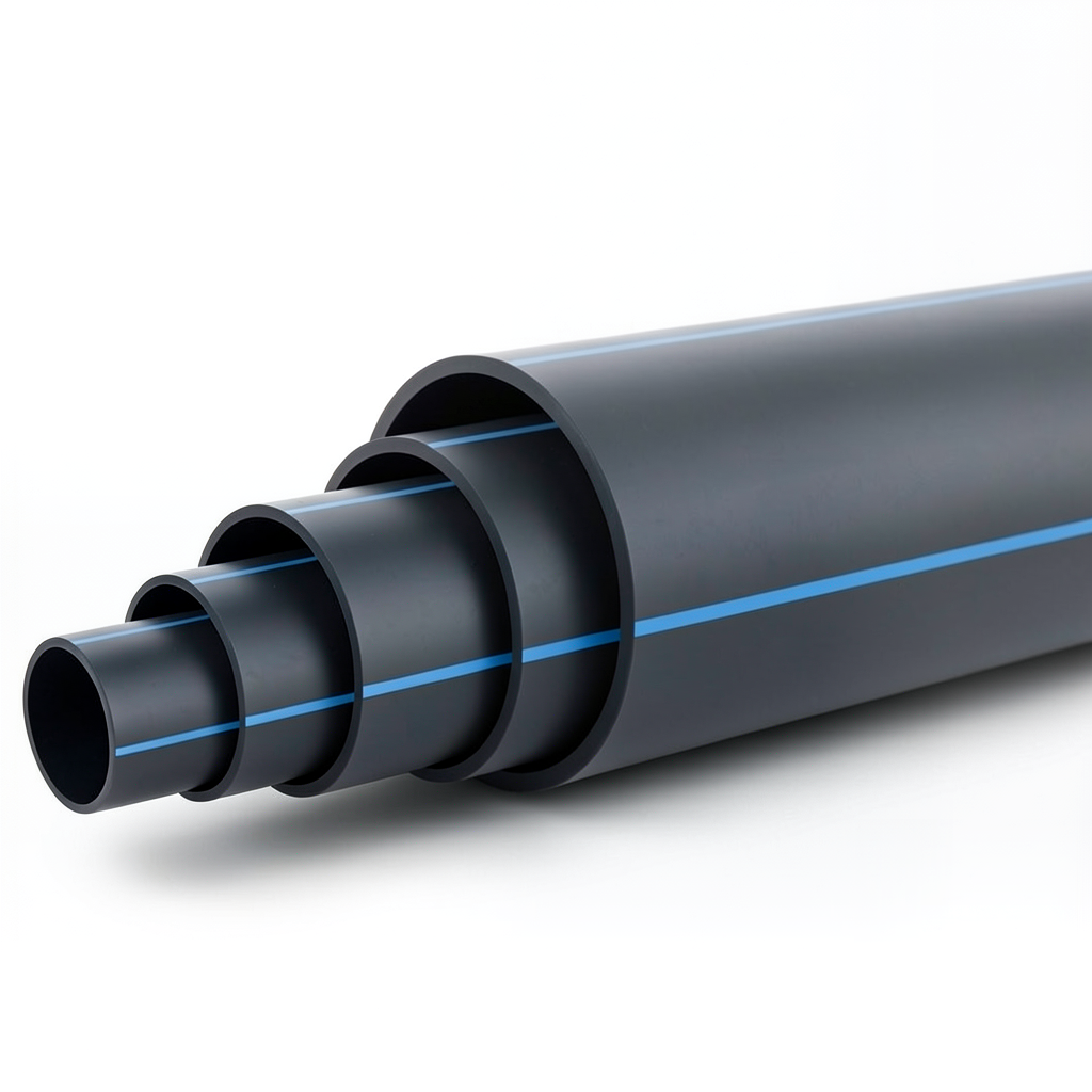 HDPE Polyethylene Plastic Pipe Nominal Pressure 4 Bar PE 80 OD 450 mm SDR 26 Black with Blue Stripes
