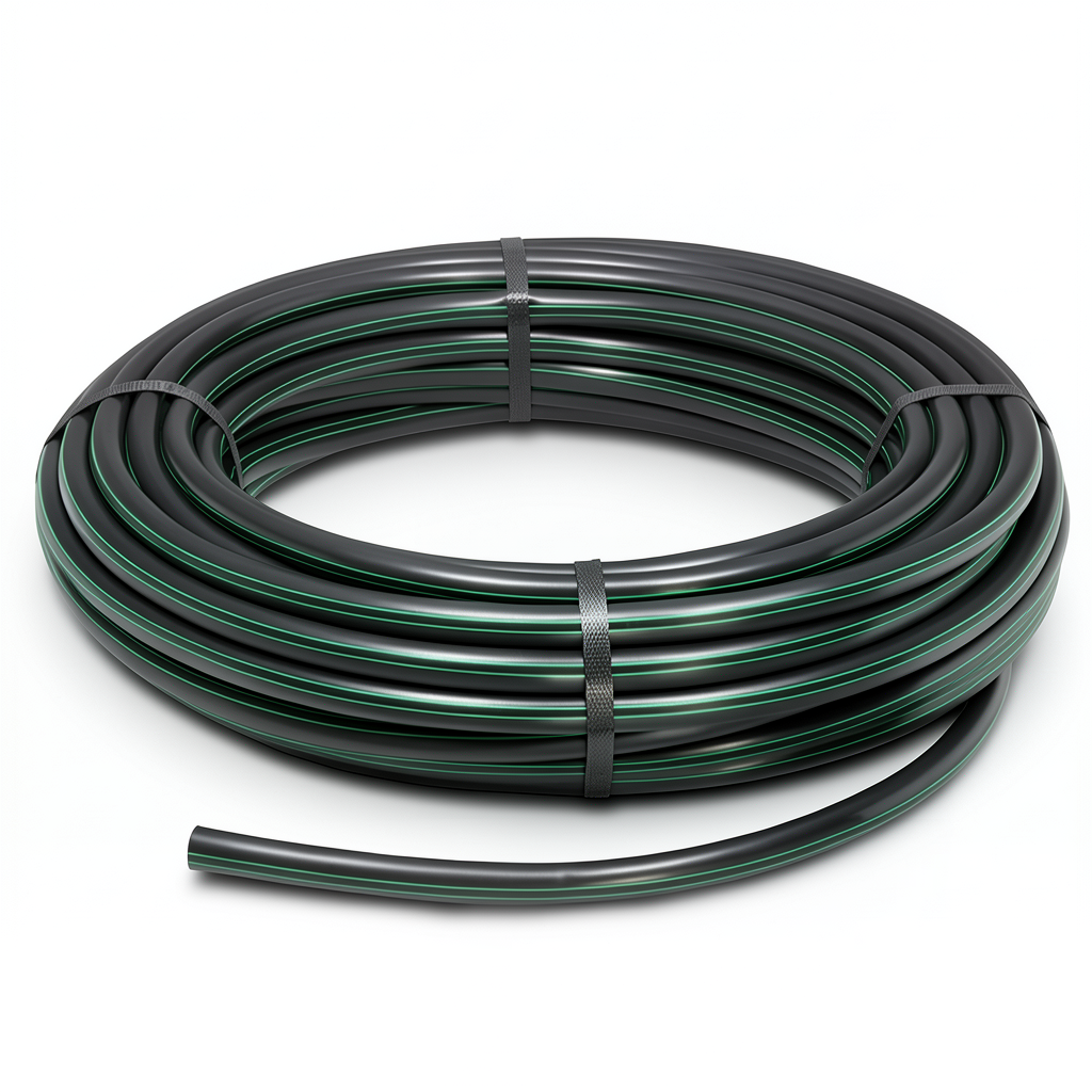 لفة أنابيب HDPE ضغط 4 بار PE 80، قطر خارجي 63 مم، SDR 33 أسود مع خط أخضر