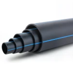 أنابيب HDPE ضغط اسمي 6 بار PE 80 قطر خارجي 225 مم SDR 17.6 أسود مع خطوط زرقاء