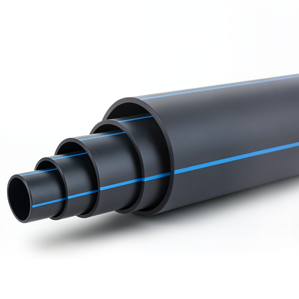 أنابيب HDPE ضغط اسمي 6 بار PE 80 قطر خارجي 225 مم SDR 17.6 أسود مع خطوط زرقاء