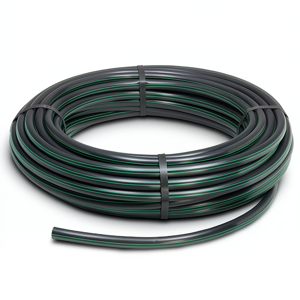 HDPE Plastic Coil Pipe PN 4 Bar PE 80, 140 mm Diameter, SDR 33 Black with Green Stripes