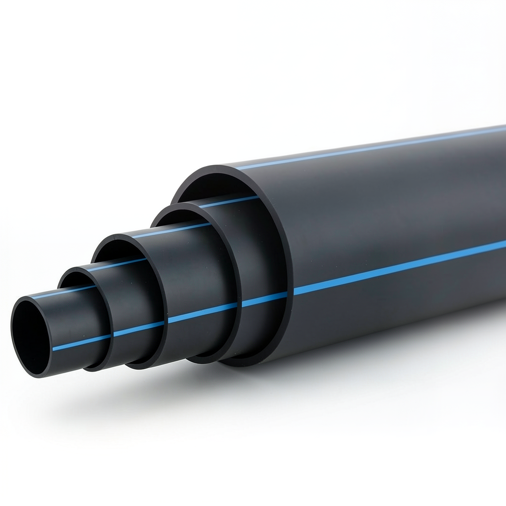 HDPE Plastic Pipe Pressure 6 Bar PE 80 Size 315 mm SDR 17.6 Black Blue Stripes