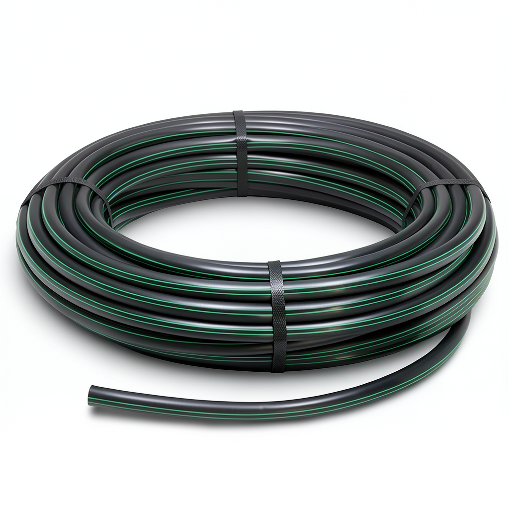 لفة أنابيب HDPE ضغط 6 بار PE 80 قطر خارجي 50 مم SDR 22 أسود مع خطوط خضراء