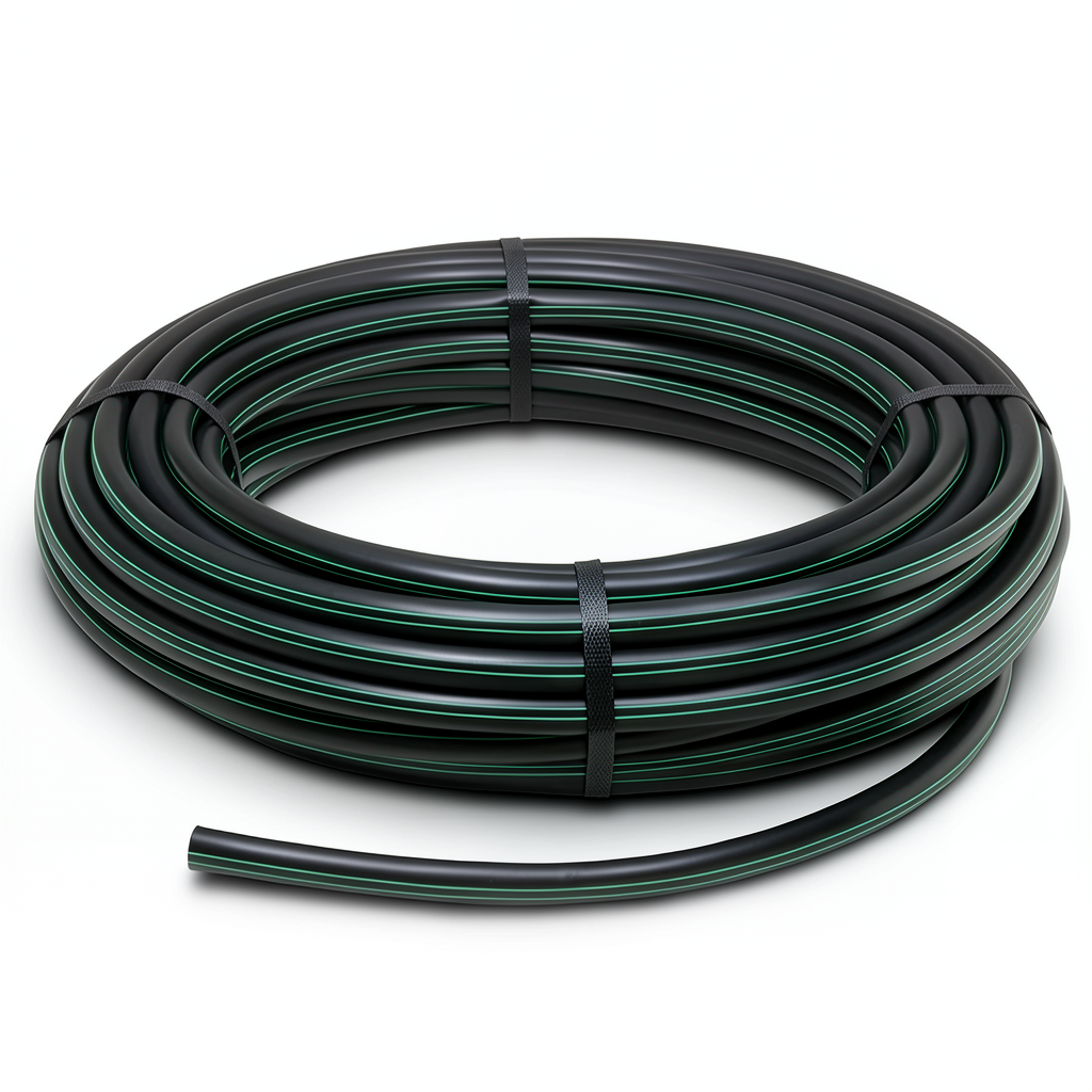لفة أنابيب HDPE ضغط 6 بار PE 80 قطر خارجي 90 مم SDR 22 أسود مع خط أخضر