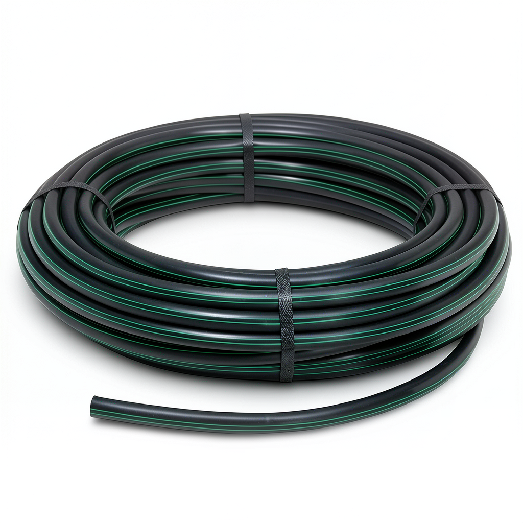 لفة أنابيب بلاستيك HDPE ضغط 4 بار PE 80 قطر خارجي 110 مم SDR 41 أسود مع خط أخضر