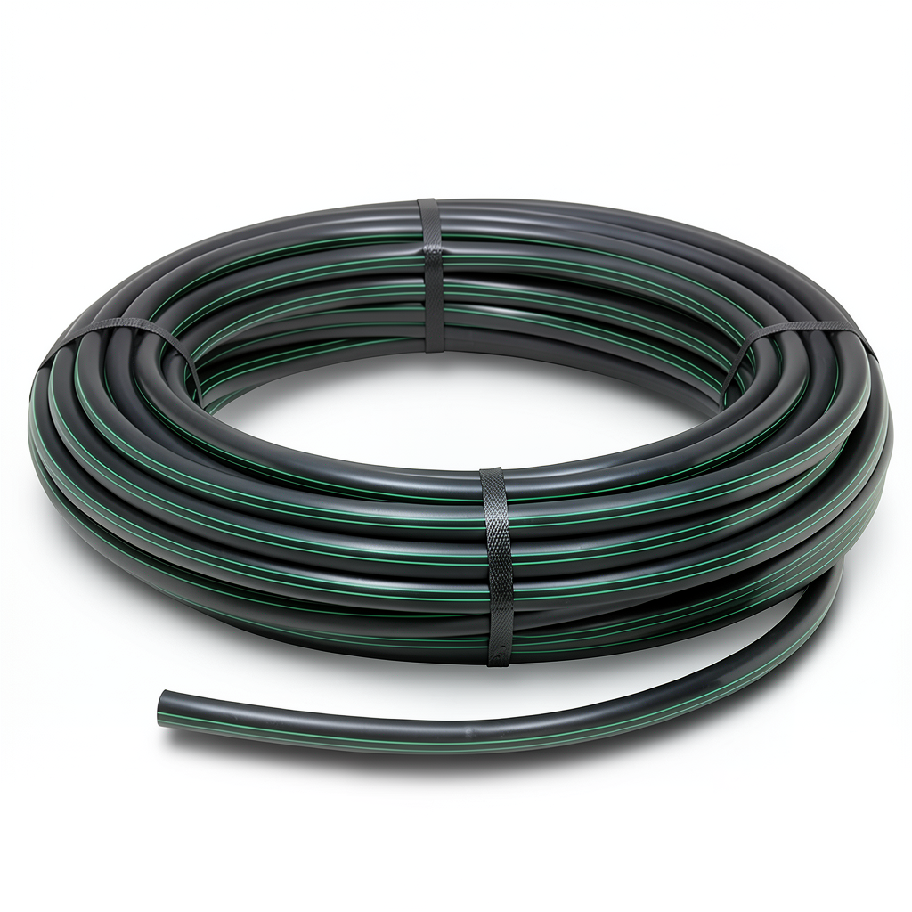 لفة أنابيب HDPE ضغط 4 بار PE 80 قطر خارجي 140 مم SDR 41 أسود مع خطوط خضراء