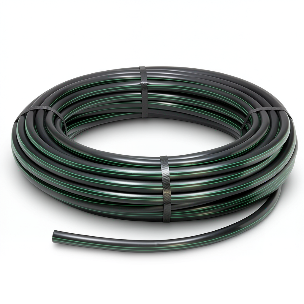 لفة أنابيب HDPE ضغط 4 بار PE 80 قطر خارجي 50 مم SDR 33 أسود مع خطوط خضراء