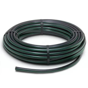لفة أنابيب HDPE ضغط 4 بار PE 80، قطر خارجي 63 مم، SDR 33 أسود مع خط أخضر