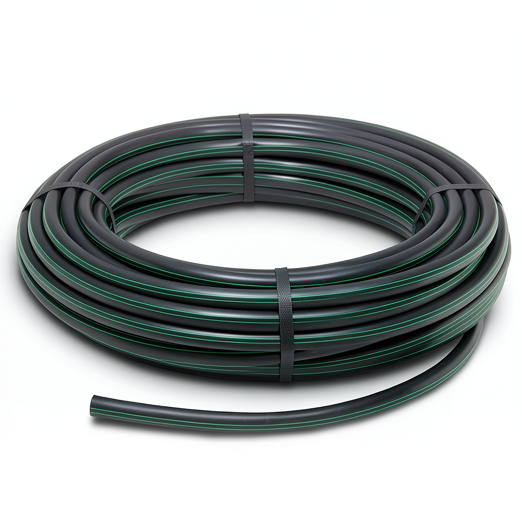 لفة أنابيب HDPE ضغط 4 بار PE 80، قطر خارجي 63 مم، SDR 33 أسود مع خط أخضر