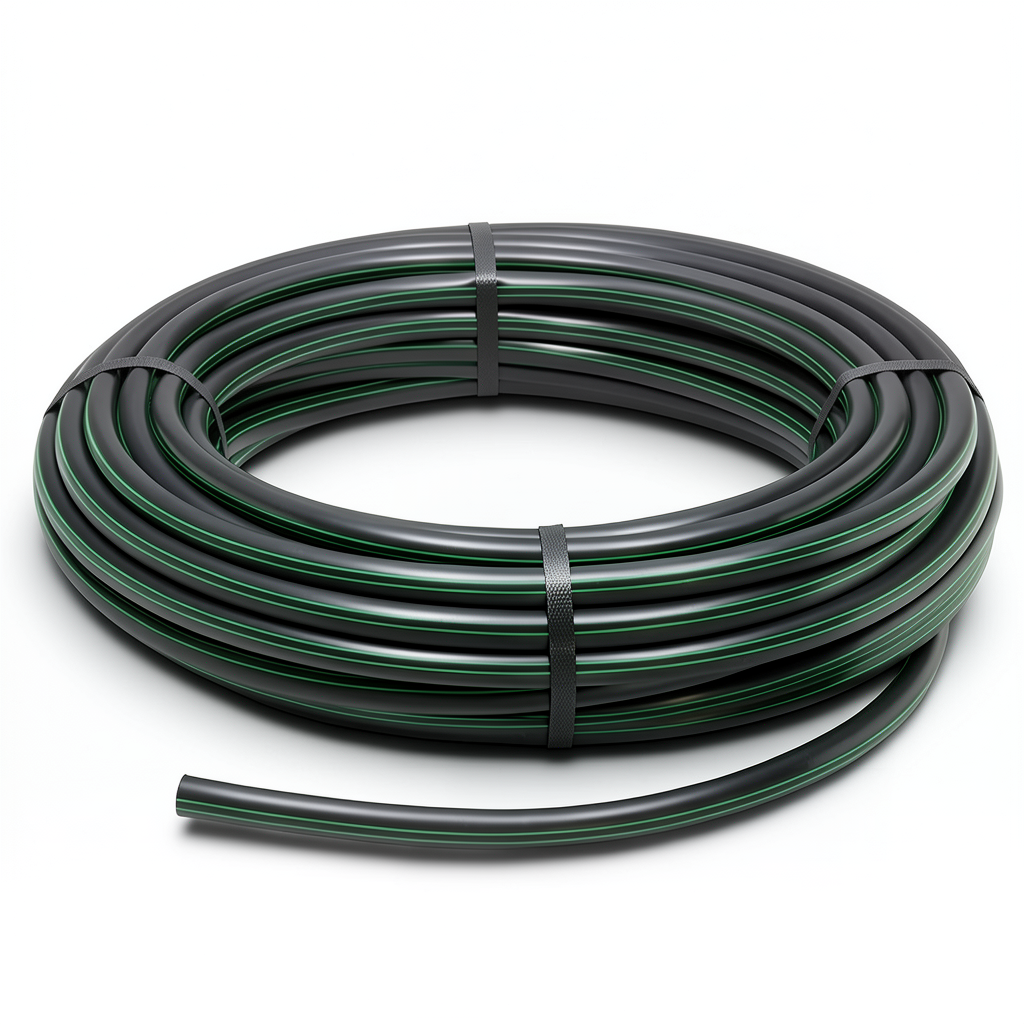 لفة أنابيب بلاستيك HDPE ضغط 4 بار PE 80 قطر خارجي 90 مم SDR 33 أسود مع خطوط خضراء