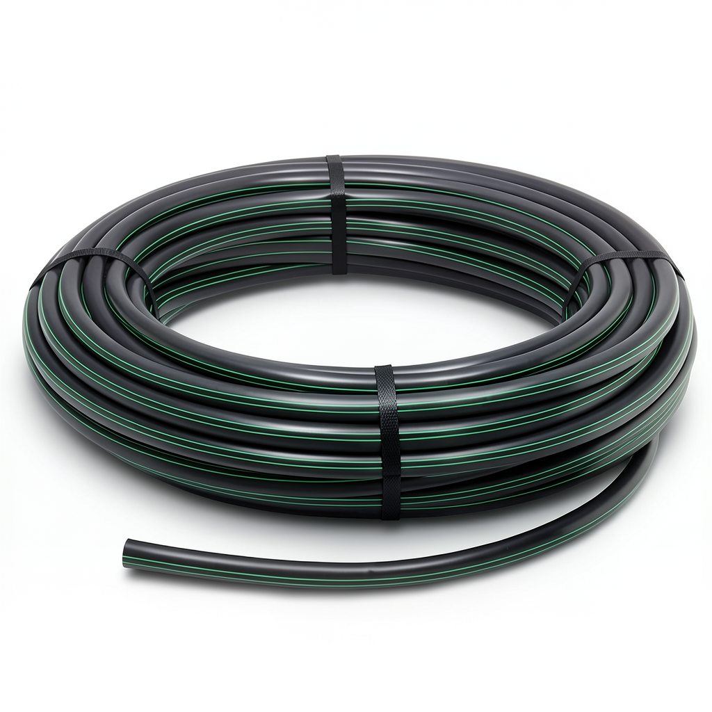 HDPE Plastic Coil Pipe PN 4 Bar PE 80, 125 mm Diameter SDR 33 Black with Green Stripes