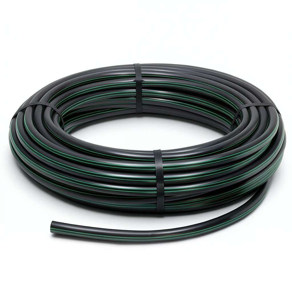 HDPE Plastic Coil Pipe PN 4 Bar PE 80, 140 mm Diameter, SDR 33 Black with Green Stripes