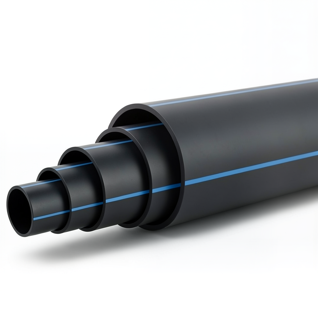 HDPE Polyethylene Pipe 6 Bar Pressure PE 80 Outer Diameter 560 mm SDR 17.6 Black with Blue Stripes