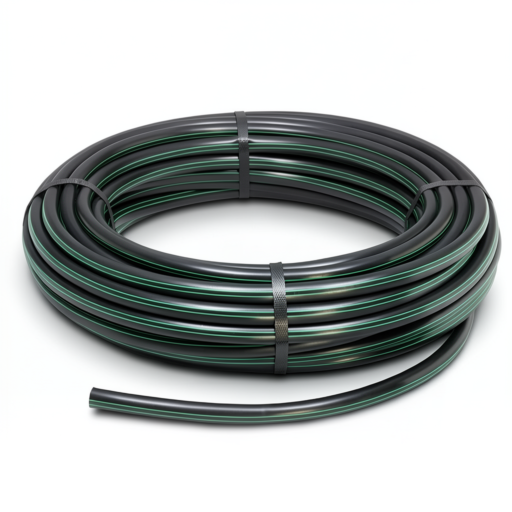 لفة أنابيب HDPE ضغط 4 بار PE 80 قطر خارجي 160 مم SDR 33 أسود مع خطوط خضراء