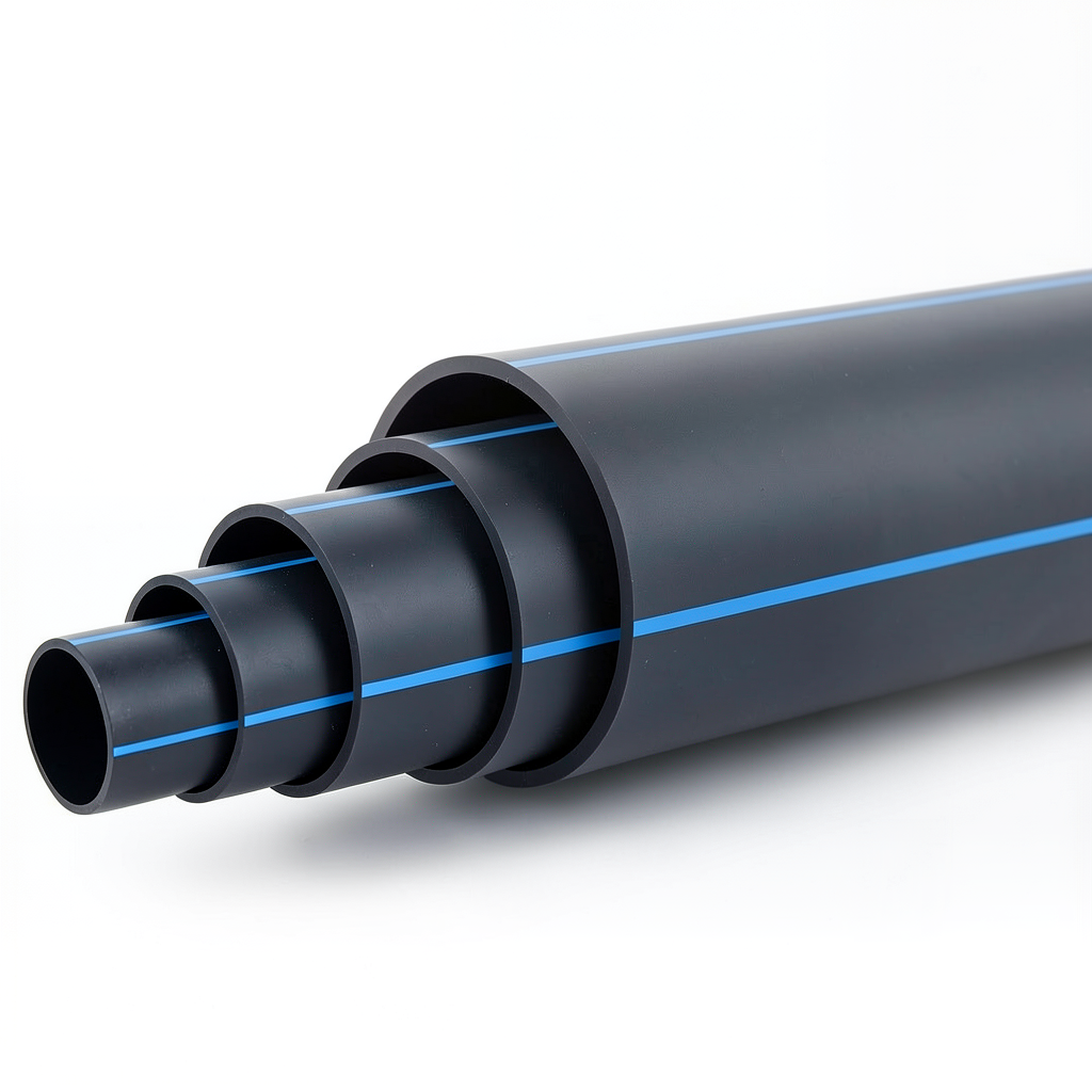 مواسير بلاستيك HDPE ضغط 15.3 بار PE 80 قطر 315 مم SDR 7.4 أسود مع خط أزرق