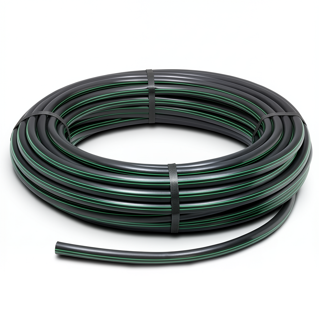 لفة أنابيب HDPE ضغط 6 بار PE 80 قطر خارجي 125 مم SDR 22 أسود مع خطوط خضراء