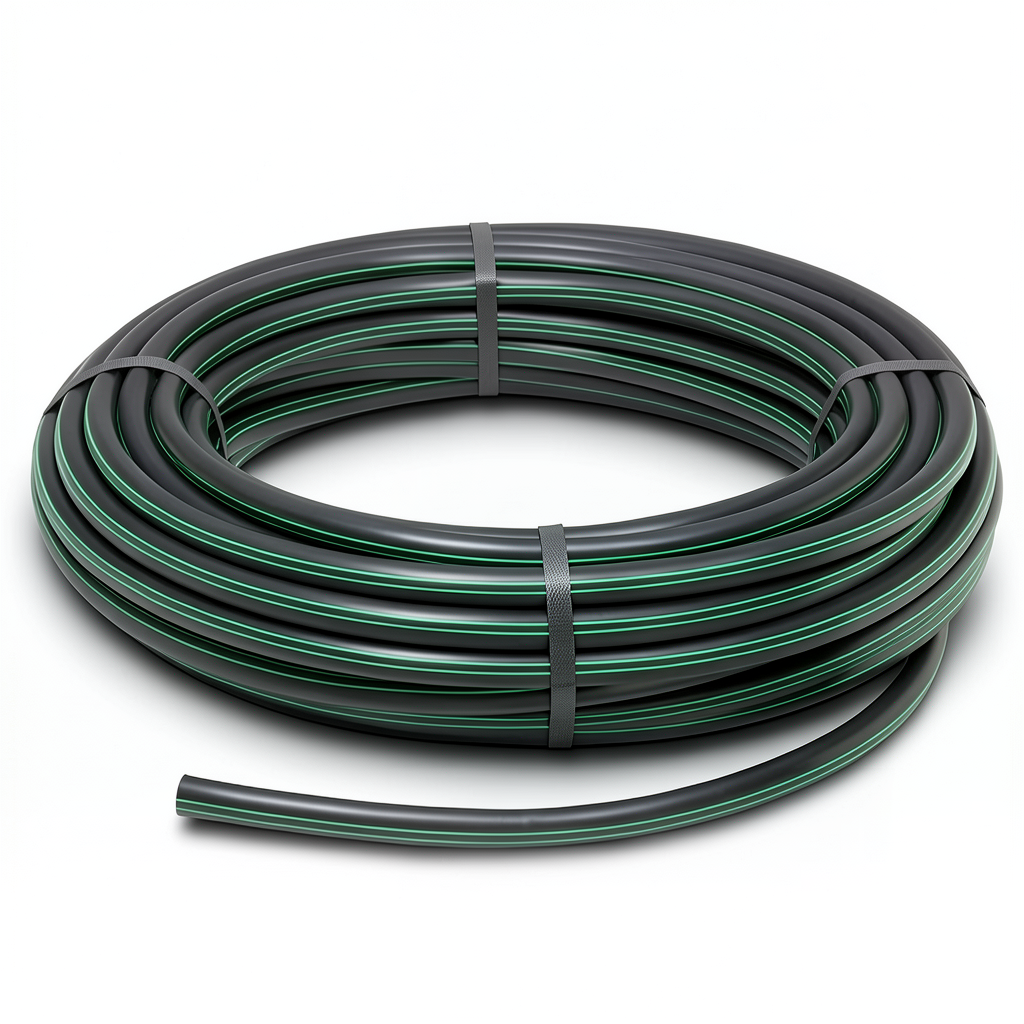 لفة أنابيب HDPE ضغط 6 بار PE 80 قطر خارجي 160 مم SDR 22 أسود مع خطوط خضراء
