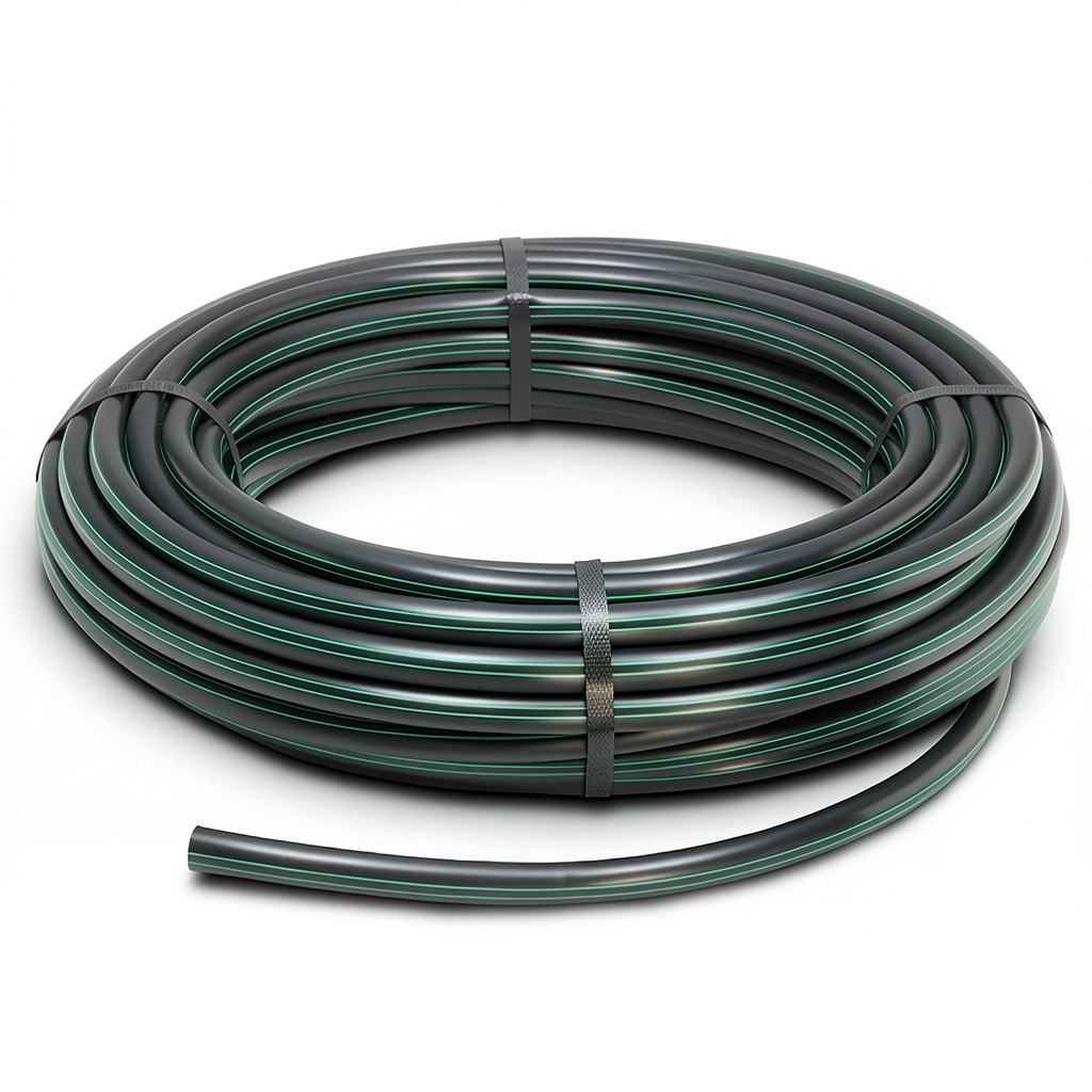 لفة أنابيب HDPE ضغط 10 بار PE 80 قطر خارجي 20 مم SDR 13.6 أسود مع خط أخضر