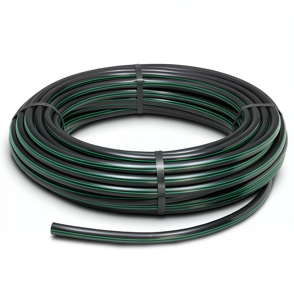 HDPE Plastic Coil Pipe PN 10 Bar PE 80 32 mm SDR 13.6 Black with Green Stripes