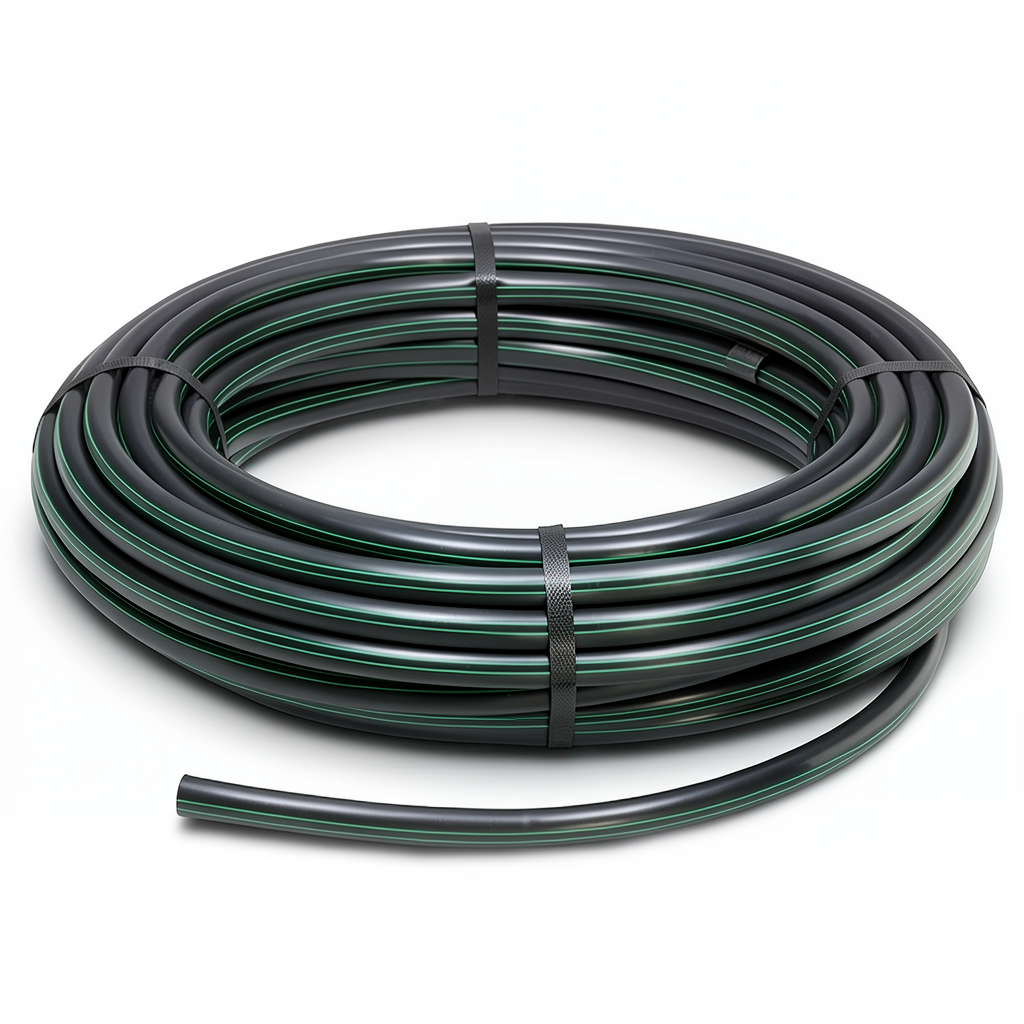 لفة أنابيب HDPE ضغط 6 بار PE 80 قطر خارجي 50 مم SDR 22 أسود مع خطوط خضراء