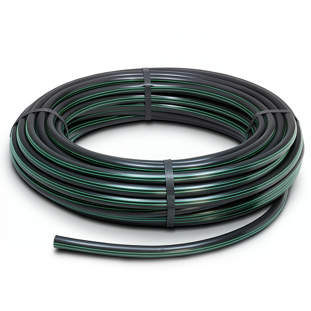 لفة أنابيب بلاستيك HDPE ضغط 6 بار PE 80 قطر خارجي 75 مم SDR 22 أسود مع خطوط خضراء