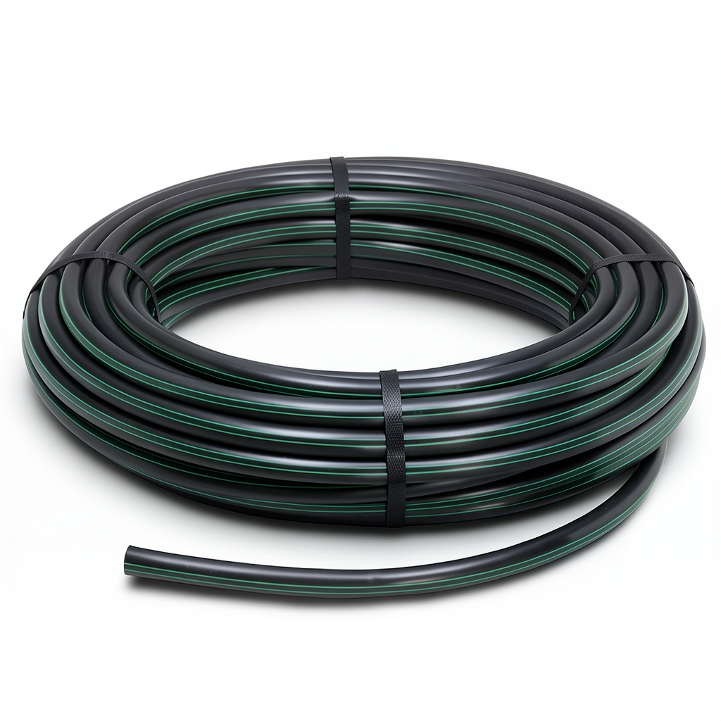 لفة أنابيب HDPE ضغط 6 بار PE 80 قطر خارجي 125 مم SDR 22 أسود مع خطوط خضراء