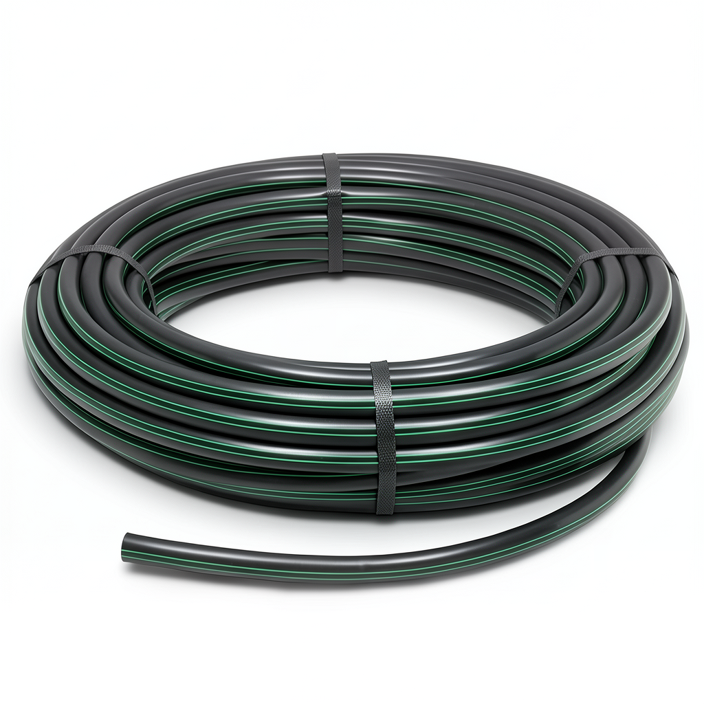 HDPE Plastic Coil Pipe Nominal Pressure 10 Bar PE 80, 25 mm Diameter SDR 13.6 Black with Green Stripes