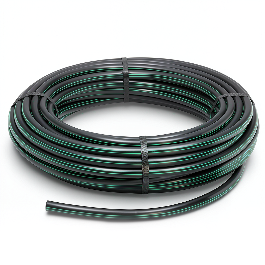 لفة أنابيب بلاستيك HDPE ضغط 10 بار PE 80 قطر خارجي 32 مم SDR 13.6 أسود مع خطوط خضراء