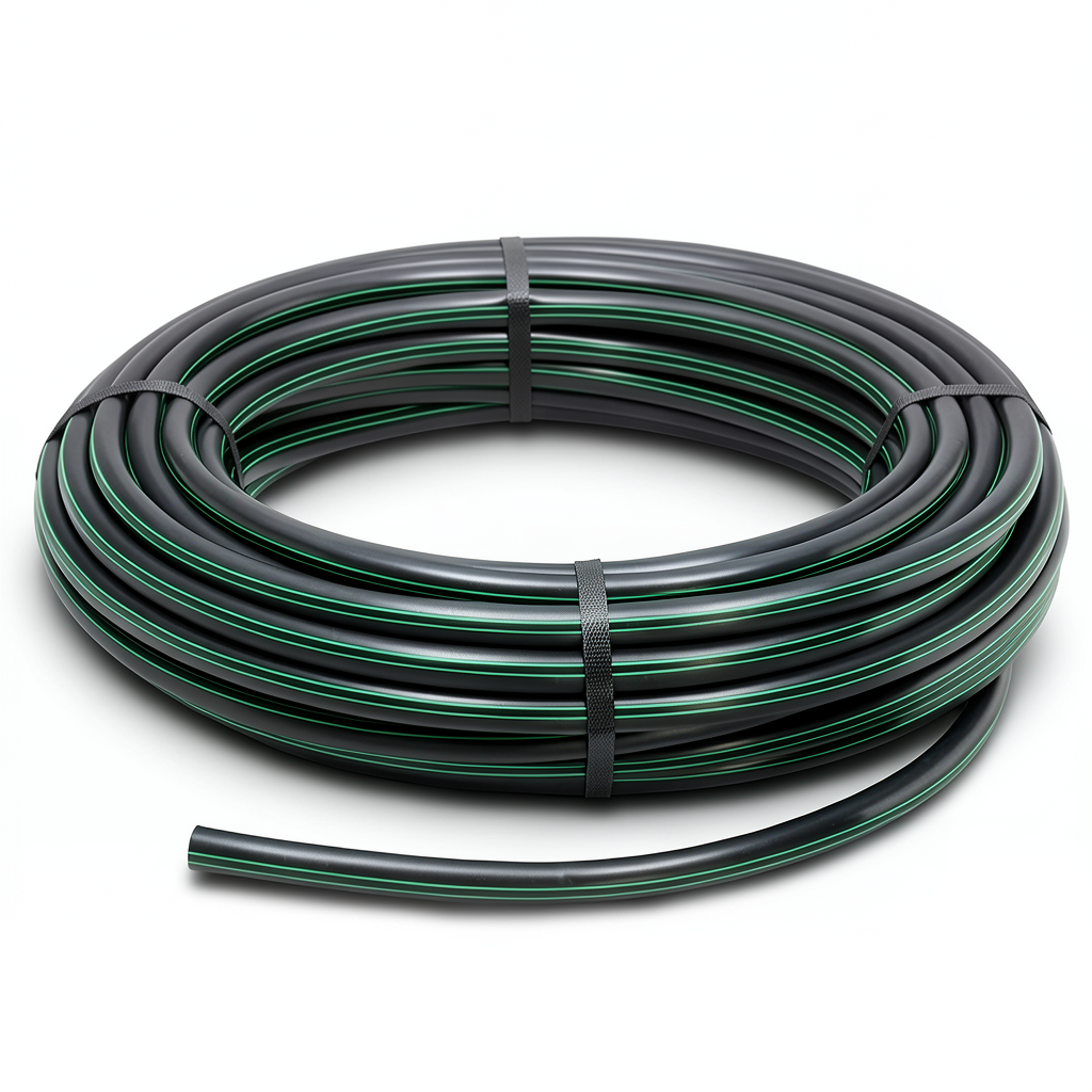 لفة أنابيب HDPE ضغط 10 بار PE 80 قطر خارجي 50 مم SDR 13.6 لون أسود مع خط أخضر