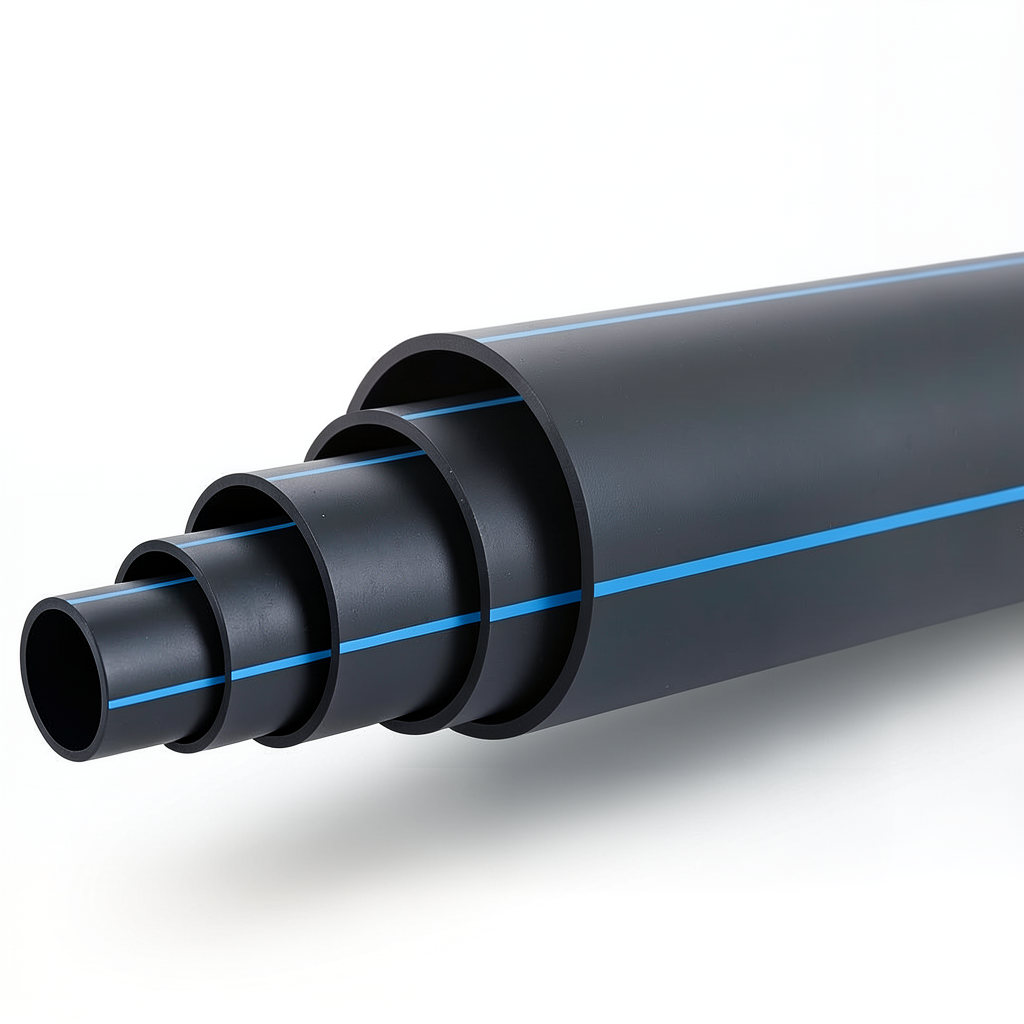 HDPE Polyethylene Pipe Nominal Pressure 6 Bar PE 80, 225 mm SDR 22 Black with Blue Stripes