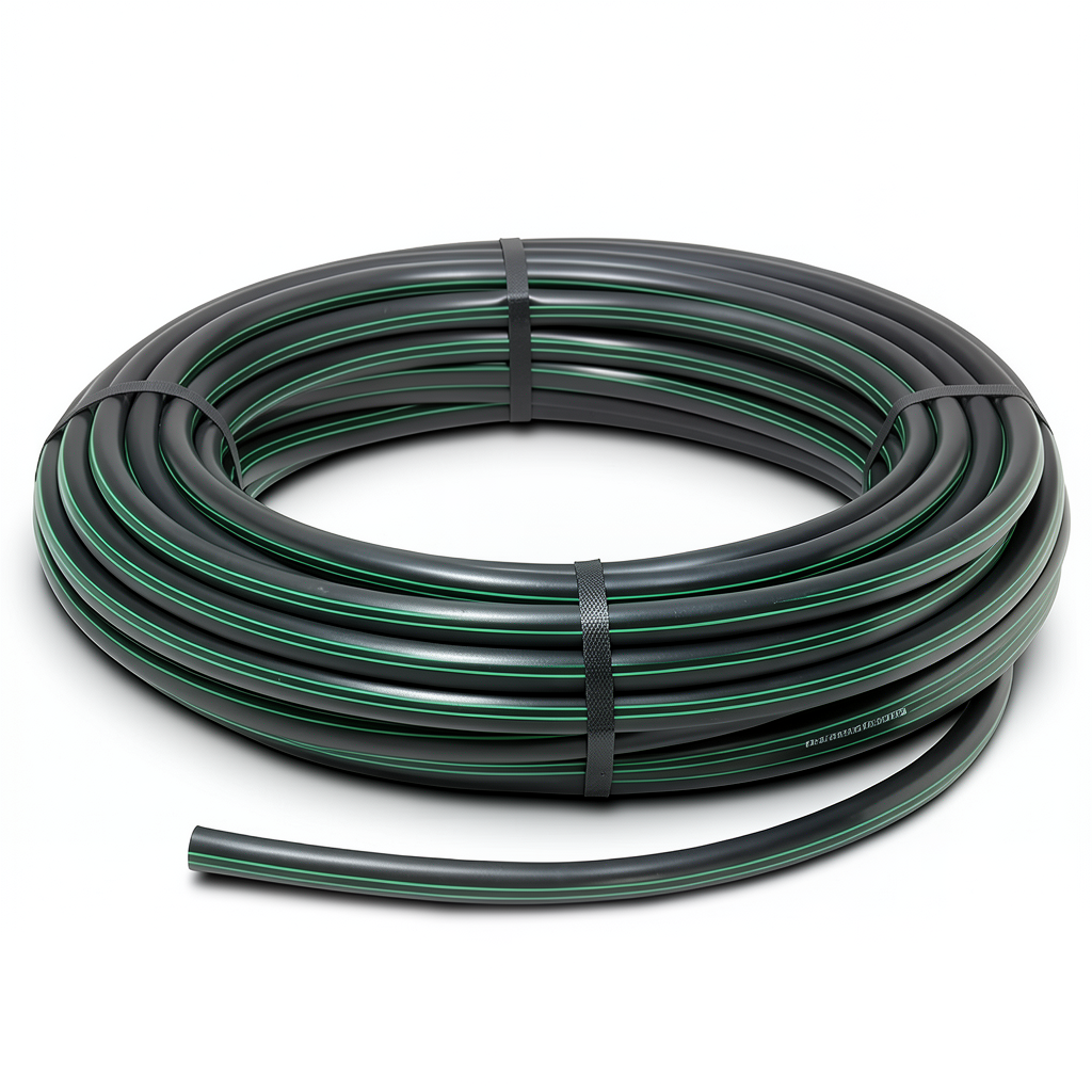 لفة أنابيب HDPE ضغط 10 بار PE 80 قطر خارجي 63 مم SDR 13.6 أسود مع خط أخضر