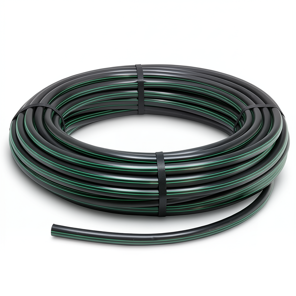 لفة أنابيب بلاستيك HDPE ضغط 10 بار PE 80 قطر خارجي 90 مم SDR 13.6 أسود مع خطوط خضراء