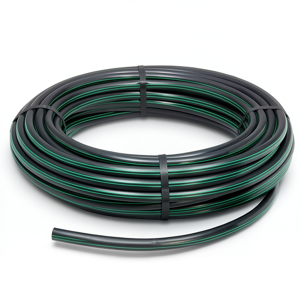 لفة أنابيب HDPE ضغط 10 بار PE 80 قطر خارجي 140 مم SDR 13.6 أسود مع خطوط خضراء