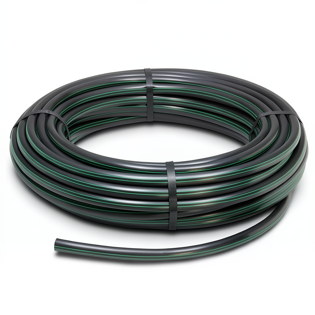لفة أنابيب HDPE ضغط 10 بار PE 80 قطر خارجي 63 مم SDR 13.6 أسود مع خط أخضر