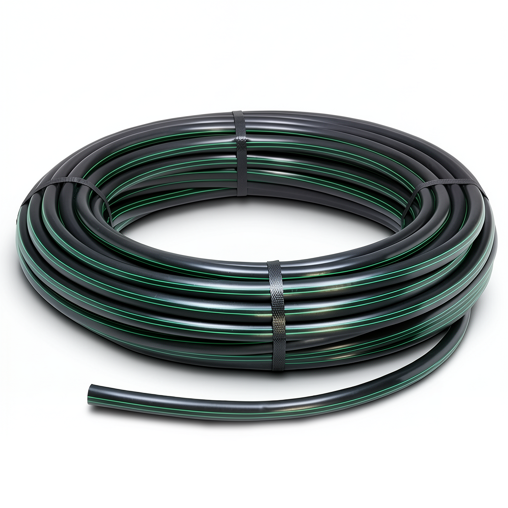 لفة أنابيب HDPE ضغط 10 بار [PE 80] قطر خارجي 160 مم SDR 13.6 لون أسود مع خط أخضر