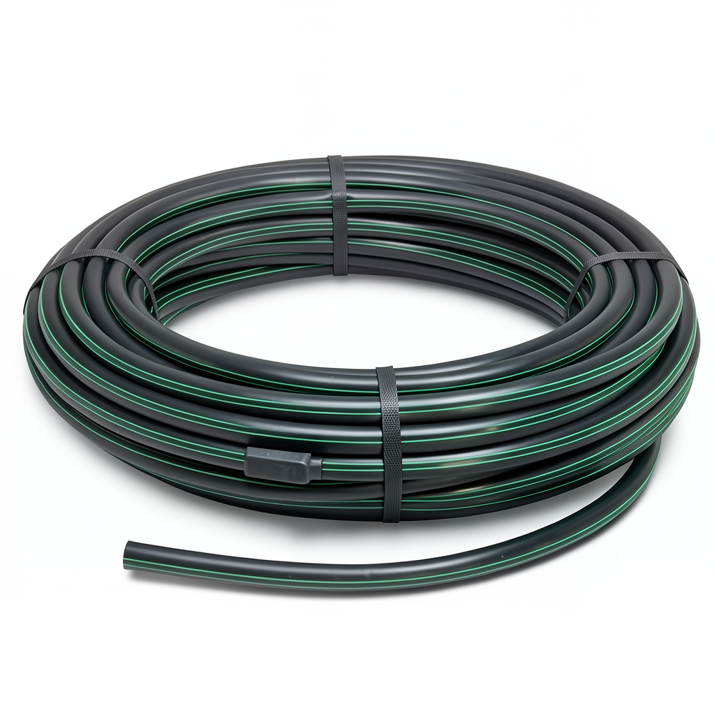 لفة أنابيب HDPE ضغط 12.5 بار PE 80 قطر خارجي 25 مم SDR 11 أسود مع خط أخضر