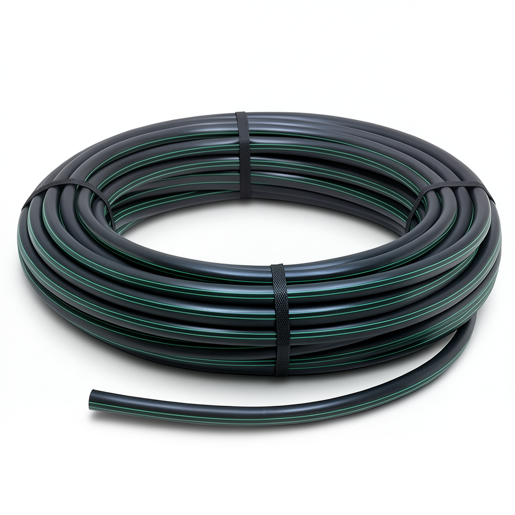 لفة أنابيب بلاستيك HDPE ضغط 12.5 بار PE 80 قطر خارجي 40 مم SDR 11 أسود مع خطوط خضراء